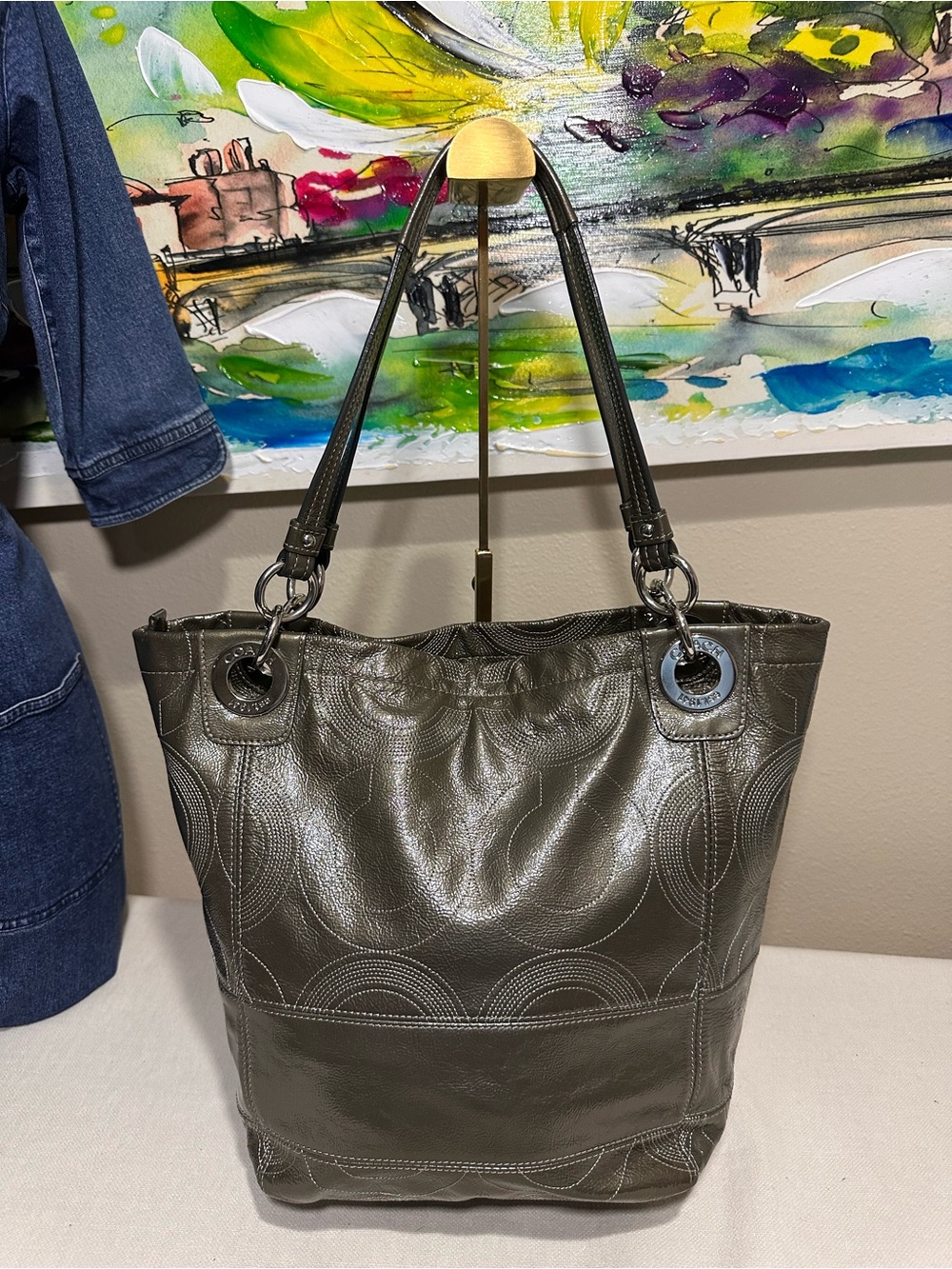 Coach Alex Stitched Patent Tote in a metallic Ollive Green color - Picture 3 of 13